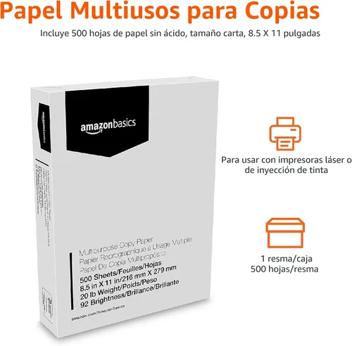 Miniatura 2 de Amazon Basics - Papel para impresora multiusos, 20 libras, 8.5 x 11 pulgadas, 1 resma (500 hojas), blanco, luminosidad 92 GE