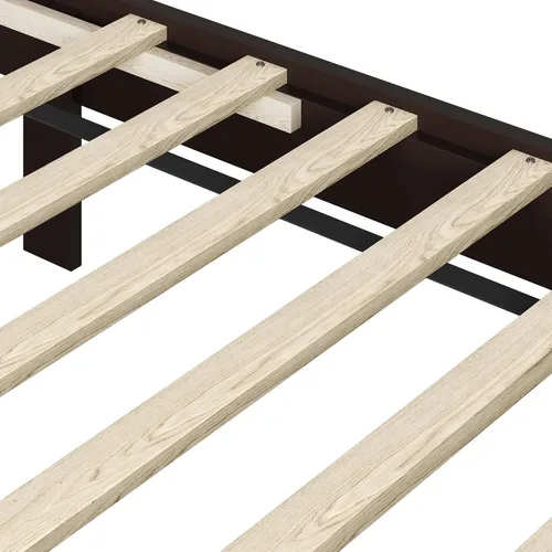 Miniatura 9 de Yaheetech Cama de madera tamaño matrimonial, marco de cama de madera de caucho espresso con cabecera diseñada en V, listones de soporte de madera