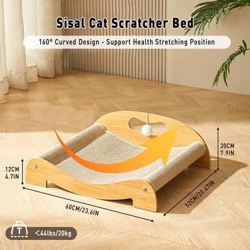 Miniatura 2 de Cama rascador de sisal para gatos de interior, hamaca extra grande para rascar, poste rascador de sisal natural, muebles de madera maciza