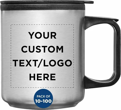 DISCOUNT PROMOS Tazas de viaje de acero inoxidable personalizadas con asa, 12 onzas, juego de 100, paquete personalizado a granel, perfectas para