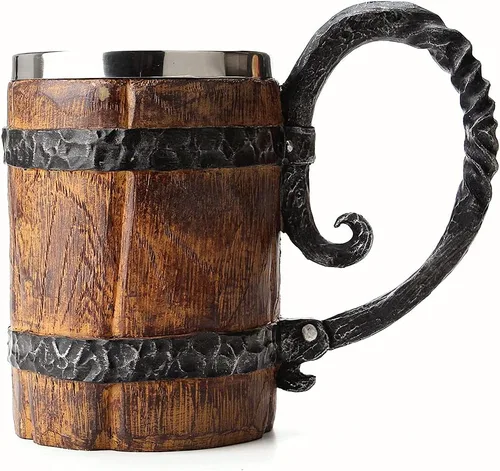 Miniatura 2 de Taza de cerveza vintage con barril de madera de roble sintético, medieval, retro, vikingo, de acero inoxidable, taza de 17 oz/16.9 fl oz, regalo