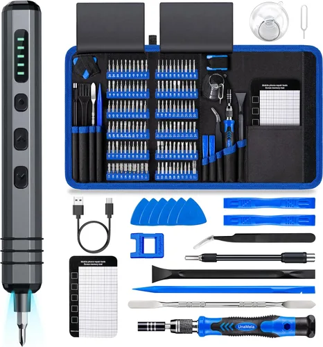 Juego de mini destornilladores eléctricos 140 en 1: destornillador eléctrico pequeño inalámbrico UnaMela - 120 puntas de precisión, 5 ajustes de
