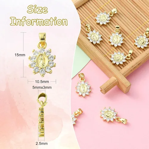 Miniatura 2 de Stiesy 10 dijes de circonita cúbica transparente de Virgen María, chapados en oro de 18 quilates, dije religioso para rosario, collar, joyería, Flor