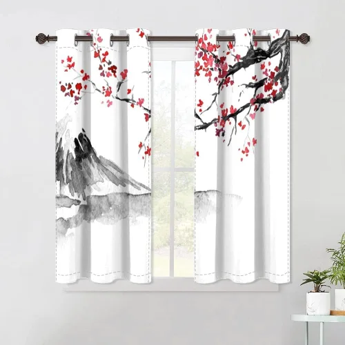 Miniatura 111 de Cortinas japonesas con pintura de tinta, monte Fuji, sol rojo, puesta de sol, hojas de bambú, cortinas de ventana para dormitorio, sala de estar
