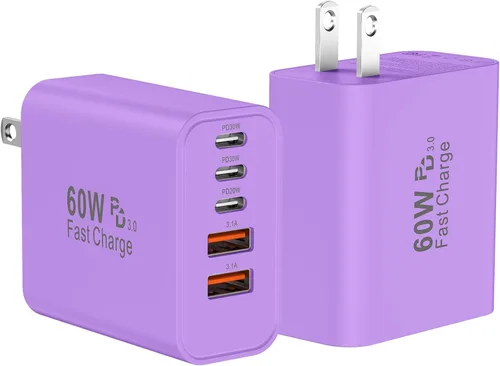 Miniatura 11 de Bloque de cargador de pared rápido USB C, paquete de 2 cubos de carga USBC de 60 W, adaptador de corriente PD+QC de 5 puertos ladrillo multipuerto
