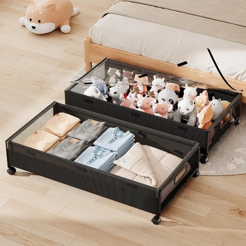 Miniatura 13 de Almacenamiento debajo de la cama con ruedas, 2 paquetes de contenedores de almacenamiento de madera extra grandes debajo de la cama, organizador