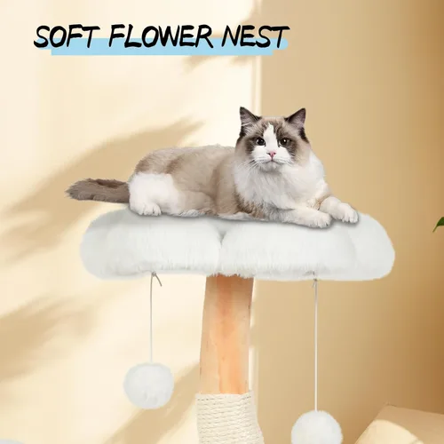 Miniatura 4 de Bonita torre de árbol para gatos de interior y adultos, árboles de madera con 6 pompones, moderna torre de árbol para gatos con poste rascador