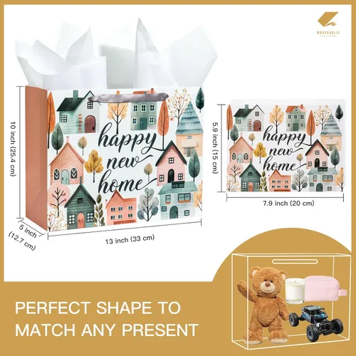 Miniatura 2 de WRAPAHOLIC Bolsa de regalo de 13 pulgadas con tarjeta y papel de seda, bolsas de papel de diseño Greeny House para inauguración de la casa, regalo