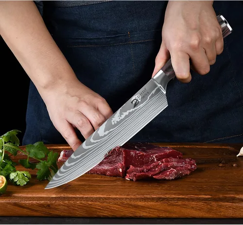 Miniatura 5 de Dfito Juego de cuchillos de chef con bolsa enrollable, juego de 9 piezas de cuchillos profesionales, juego de cuchillos de cocina de acero Rojo