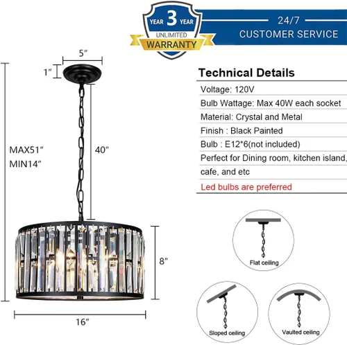 Miniatura 3 de Weesalife Candelabros de cristal para comedor sobre mesa, 6 luces modernas para dormitorio, lámparas de tambor para isla de cocina, sala de estar