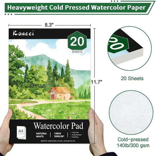 Miniatura 2 de Koncci Papel de acuarela A4, almohadilla de papel de color de agua de prensa en frío, 140 libras/300 gsm, 8.3 x 11.7 pulgadas, encuadernado