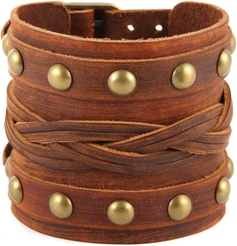 Miniatura 7 de STWTR Pulsera de cuero para hombre estilo punk rock, brazalete ancho tipo cinturón de motocicleta