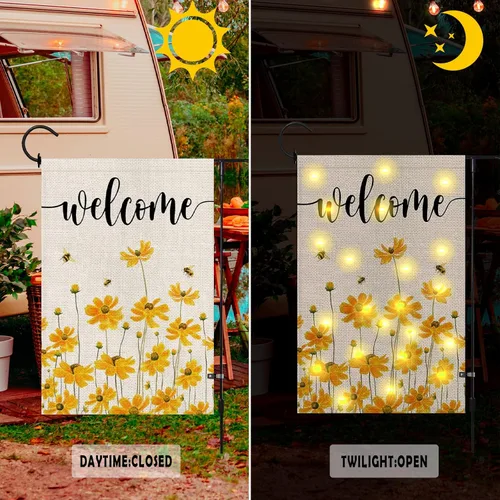 Miniatura 2 de Bandera de jardín de bienvenida floral de primavera y verano con luces LED, 12 x 18 pulgadas, doble cara, vertical, arpillera, girasol, abeja