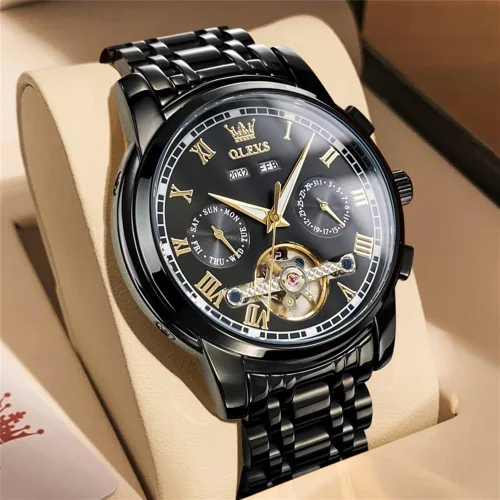 Miniatura 2 de OLEVS Reloj automático para hombre, cuerda automática, mecánica, de lujo, de acero inoxidable, multicalendario, impermeable, luminoso, reloj