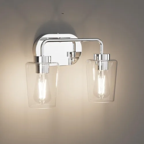 Tipace Lámpara de tocador de baño vintage cromada, 2 luces, moderna de acero inoxidable con vidrio transparente, aplique de iluminación industrial