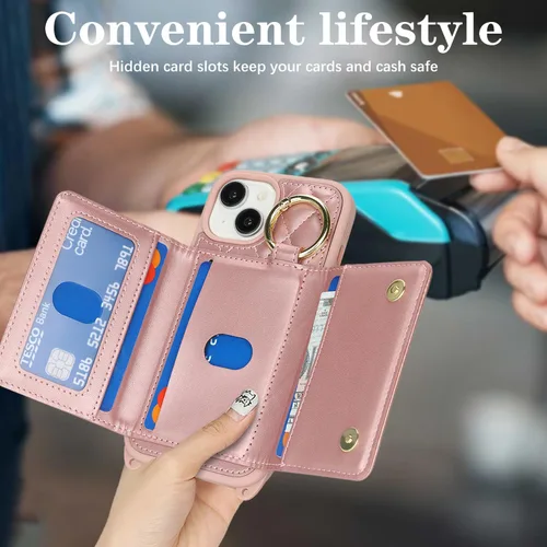 Miniatura 3 de Funda para iPhone 14 con tarjetero y correa para mujer, cordón cruzado, espejo de maquillaje, soporte de anillo, cierre a presión, bonitas fundas