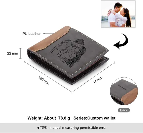 Miniatura 3 de Billetera personalizada para hombres, billetera con fotos personalizada, billetera plegable casual, regalos para papá, marido, novio, padre, Gris