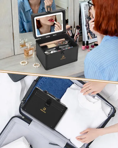 Miniatura 7 de Relavel Estuche de maquillaje con espejo LED, 01-Negro, Bolsa de maquillaje de viaje con espejo LED para niñas