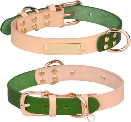 Miniatura 2 de Collar de perro personalizado con placa de identificación, piel auténtica, etiqueta de identificación de mascota grabada con número de teléfono