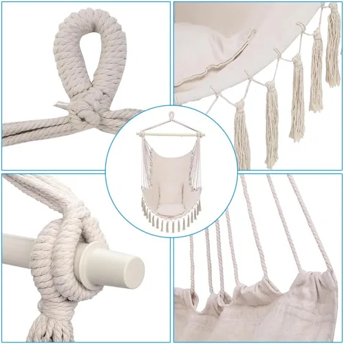 Miniatura 8 de Silla colgante hamaca – Asiento columpio de cuerda de algodón – máximo 250 libras – 2 cojines incluidos – para interior y exterior, dormitorio, Beige