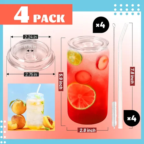 Miniatura 3 de Joyclub 4 vasos de vidrio con tapas y pajitas acrílicas, tazas de café helado de vidrio de 16 onzas con tapas y pajitas, lindos vasos para beber