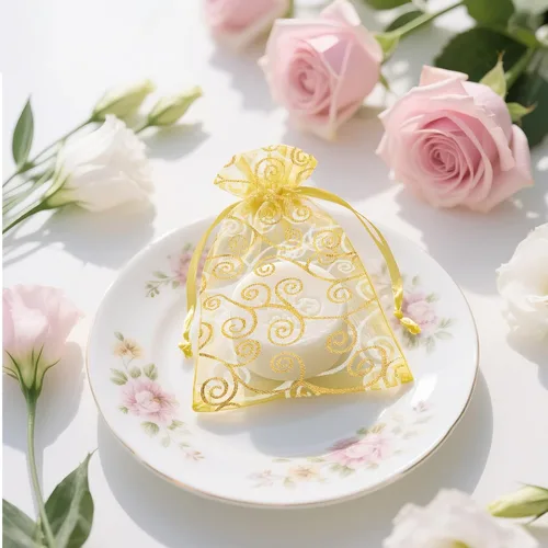 Miniatura 7 de G2PLUS Bolsas de regalo de organza de 4 x 6 pulgadas, 50 bolsas de organza de malla transparente con estampado de ratán dorado, bolsas de joyería