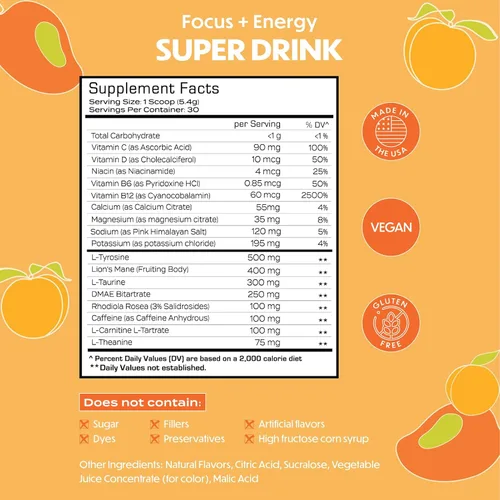 Miniatura 3 de Forgge Energy Booster Super Drink - Cafeína limpia + vitaminas B12, B6, C y D, bebida energética en polvo sin azúcar con electrolitos, aminoácidos