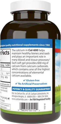 Miniatura 7 de Carlson - Cal-600, 600 mg de calcio, apoyo óseo, dientes sanos y bienestar óptimo, 250 cápsulas blandas