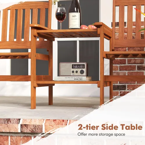 Miniatura 7 de RELAX4LIFE Sofá de dos plazas para exteriores con mesa integrada, sillas de patio de madera con mesa central y agujero para paraguas, banco