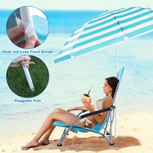 Miniatura 5 de Huwena Paquete de 2 sillas de playa con paraguas para adultos, juego de sillas plegables bajas, paraguas desmontable ajustable, ligero portátil