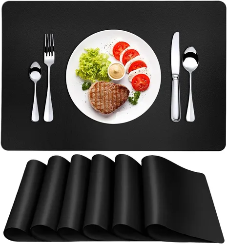 Herda Juego de 6 manteles individuales negros de piel sintética resistentes al calor, impermeables, lavables, de cuero para Halloween, fáciles de