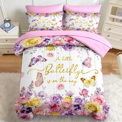 Miniatura 17 de Nesker Juego de edredón de primavera de 5 piezas, tamaño individual, juego de ropa de cama floral con mariposas para niños y adultos, juego