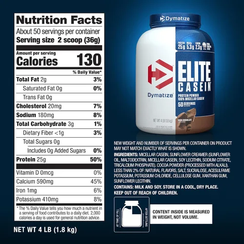 Miniatura 6 de Dymatize Elite - Proteína en polvo de caseína, chocolate, 100% caseína micelar, 25g de proteína, 5.4g de BCAA, 2.3g de leucina, absorción lenta