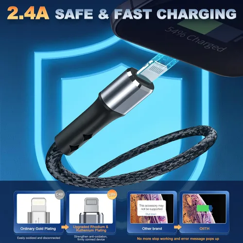 Miniatura 3 de Paquete de 2 cargadores de iPhone de 3 pies para Apple MFi, cable Lightning trenzado de nailon fuerte, cable de carga USB rápida de 2.4 A