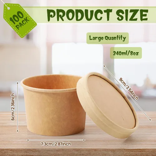 Miniatura 2 de Fulmoon Paquete de 100 recipientes de papel para sopa con tapas, recipientes de papel desechables para alimentos con tapa ventilada, tazas de postre