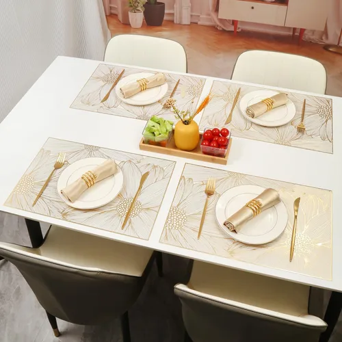 Miniatura 3 de Juego de 6 manteles individuales cuadrados dorados para mesa de comedor, de vinilo prensado, manteles individuales metálicos lavables y lavables