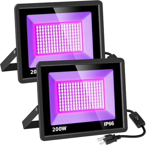 Paquete de 2 luces LED negras de 200 W, IP66 impermeable para exteriores, luz negra con enchufe, interruptor, cable para fiesta de neón brillante,
