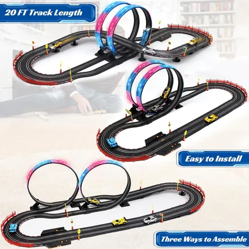 Miniatura 3 de Conjuntos de pistas de carreras de autos de ranura con 4 autos de carreras de alta velocidad, pista de carreras eléctrica de 20 pies para niños