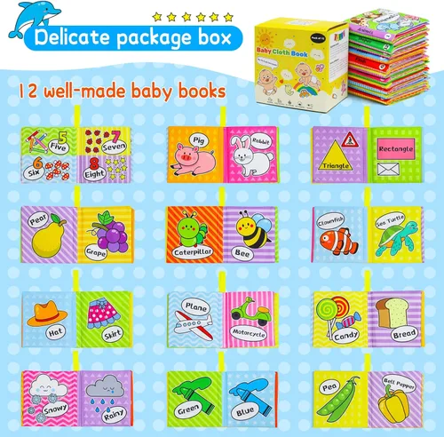 Miniatura 6 de OKOOKO 12 libros suaves para bebés, libros de tela suave, juguetes de baño, arrugados, lavables, no tóxicos, educación temprana, juguete