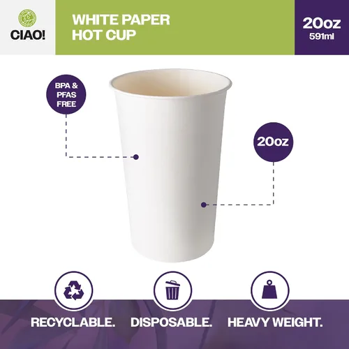 Miniatura 2 de CIAO! Vaso caliente de papel blanco de 20 onzas, desechable, 3.543 in de diámetro, 600