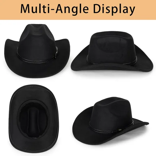 Miniatura 5 de Sombrero de vaquero clásico de fieltro occidental para mujeres y hombres de ala ancha con hebilla de cinturón (tamaño: mediano-grande)