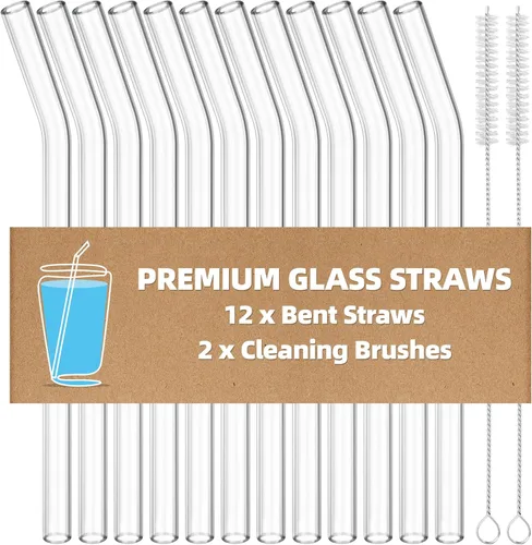 Antner Juego de 12 pajitas de vidrio reutilizables, pajitas de vidrio transparentes dobladas de 21.6 cm x 10 mm para bebidas calientes y frías,