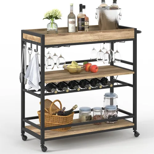Miniatura 10 de BON AUGURE Carrito de Bar, Carrito de Servicio de Bar para el Hogar con Ruedas, Carrito de Bebidas Móvil de 3 Niveles con Estante para Vino