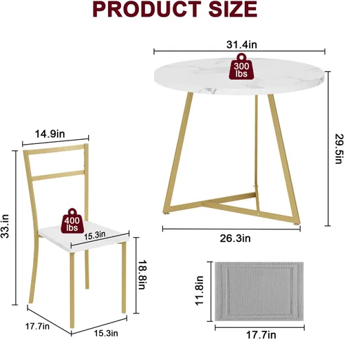 Miniatura 7 de SLKEVERSA - Juego de mesa de comedor pequeña para 2, mesa de cocina circular con 2 sillas tapizadas y respaldo, juego de mesa redonda de 3 piezas