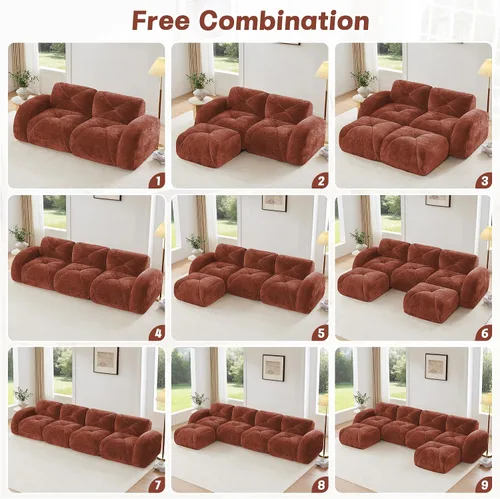 Miniatura 8 de Sofás modulares modulares de 110.6 pulgadas para sala de estar, sofá moderno de terciopelo sin hueso, no requiere montaje, cómodo sofá sin hueso