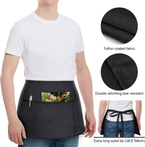 Miniatura 5 de Paquete de 3 delantales de cintura – Delantales de servidor con 3 bolsillos – Delantal de camarera resistente al agua y al aceite – Delantal negro