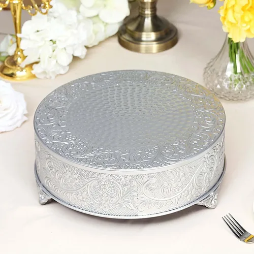 Miniatura 8 de Efavormart Juego de 14 pulgadas de plata redonda con relieve en metal para pasteles, elevador para pasteles, pedestal para postres, plato de Plateado
