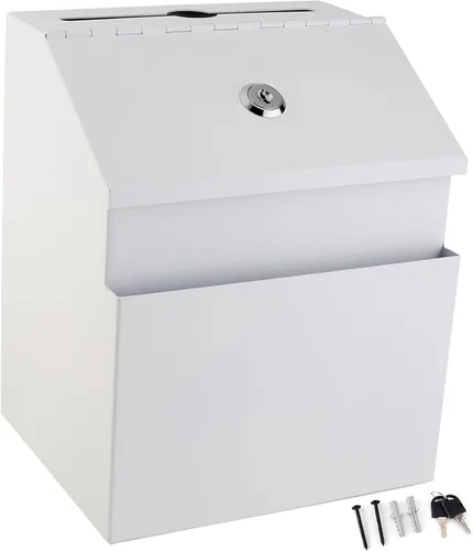 Miniatura 7 de Caja de metal para colección benéfica segura con ranura y montaje en pared, caja de caída de 8.5 x 6.5 x 4 pulgadas para el hogar y la oficina Blanco
