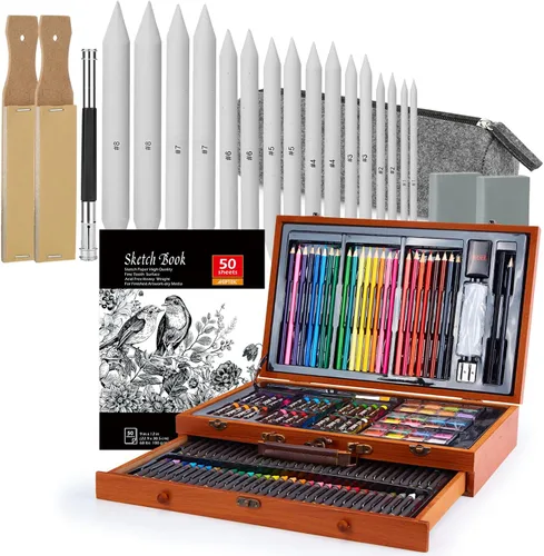 Paquete de 22 herramientas de dibujo de bocetos con juego de arte de lujo de 141 piezas, estuche de pintura de madera y kit de suministros de arte,