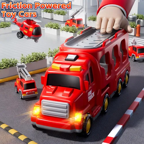 Miniatura 6 de Camiones de Bomberos de Juguete para Niños Pequeños de 1-3, 3-5, Conjunto de Vehículos Transportadores de Carros de Bomberos 5 en 1 para Niñas de 1